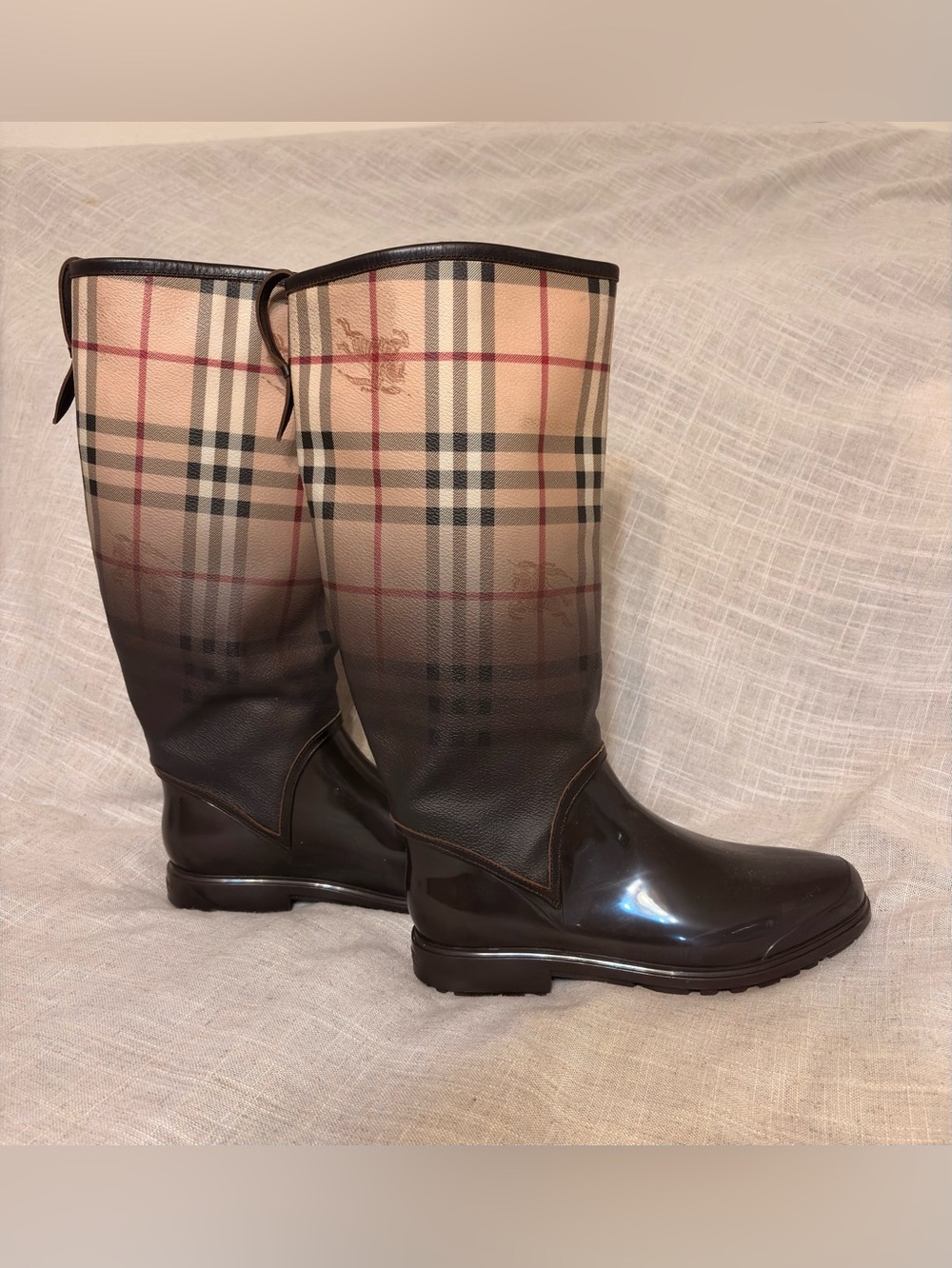 Burberry Haymarket Degrade Check Tall Rain Boots Brown EU 38